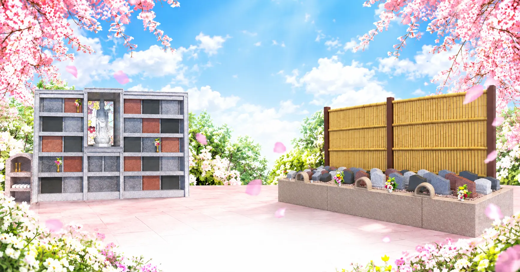 桜と花々に囲まれた清澄白河のマンション型納骨墓と屋外型樹木葬
